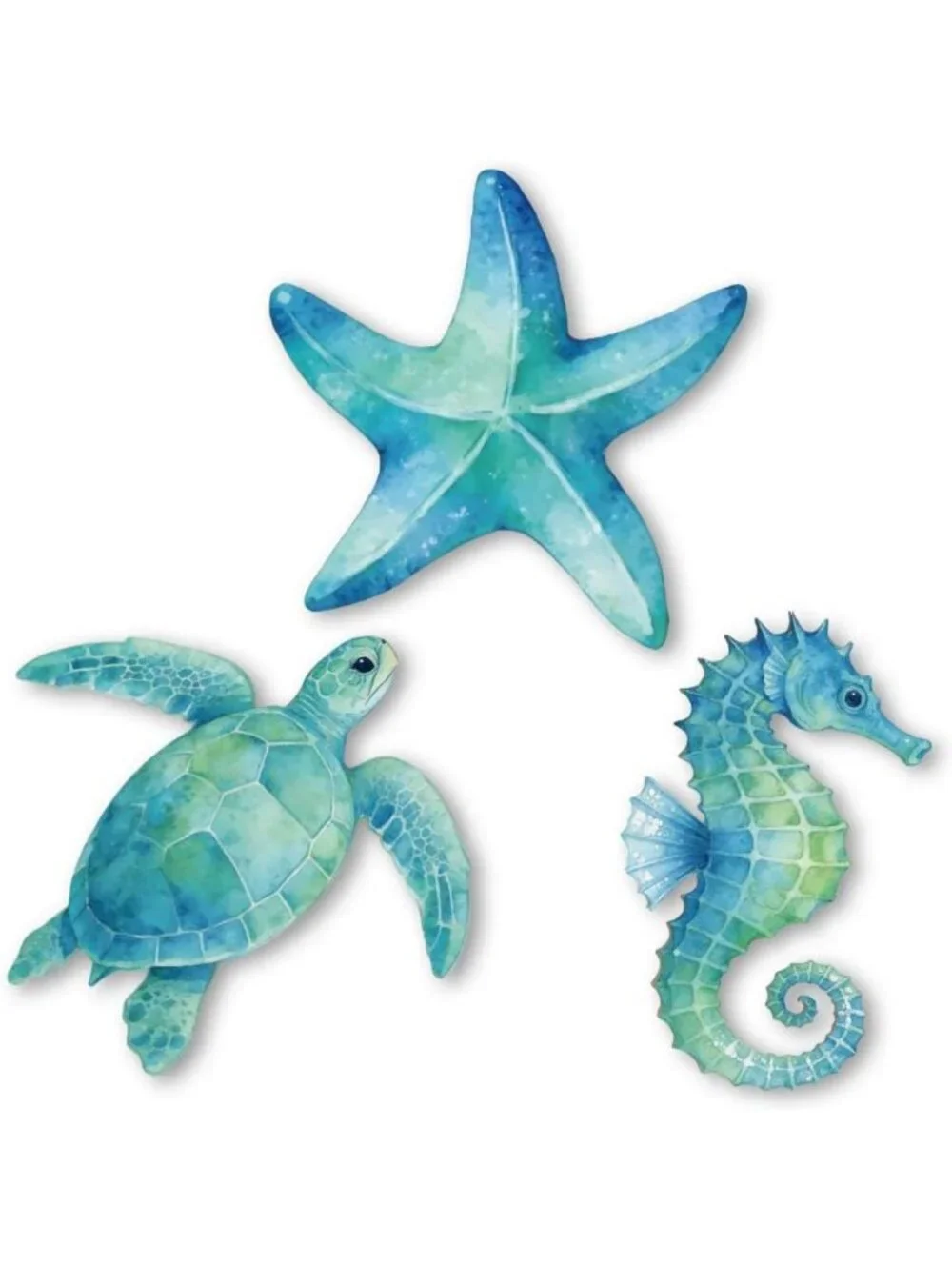 Seahorse Wall Decor Set - Ocean Sculptures, Blue Sea Turtle & Starfish Art for